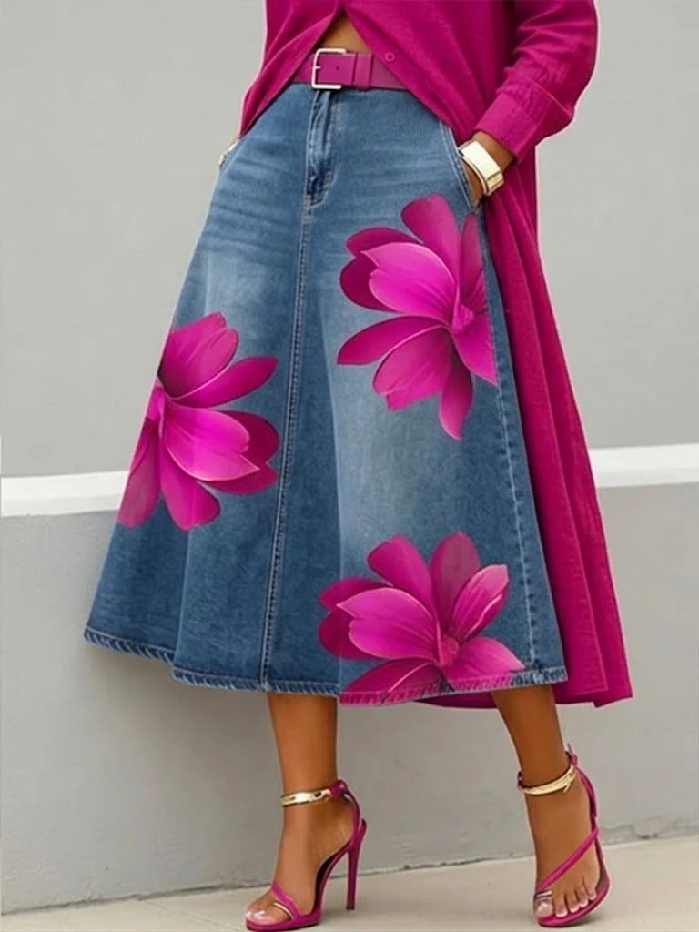 Jupe midi en jean à imprimé floral