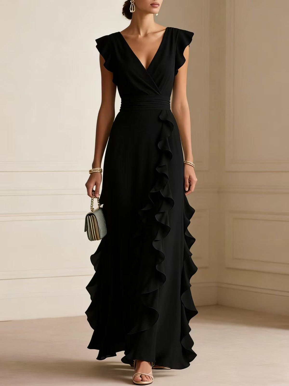 Robe longue à volants et manches papillon