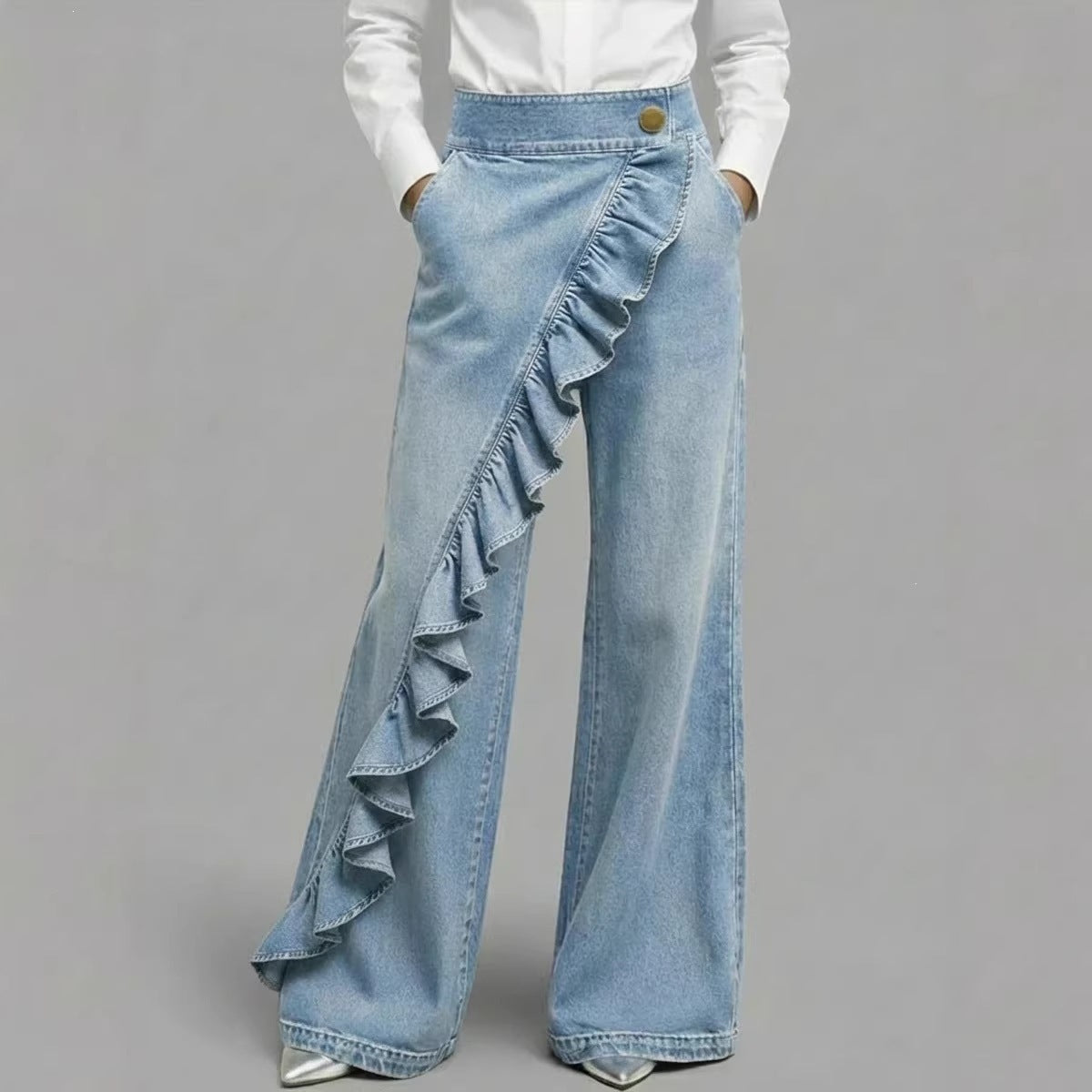 Jean ample taille haute avec volant