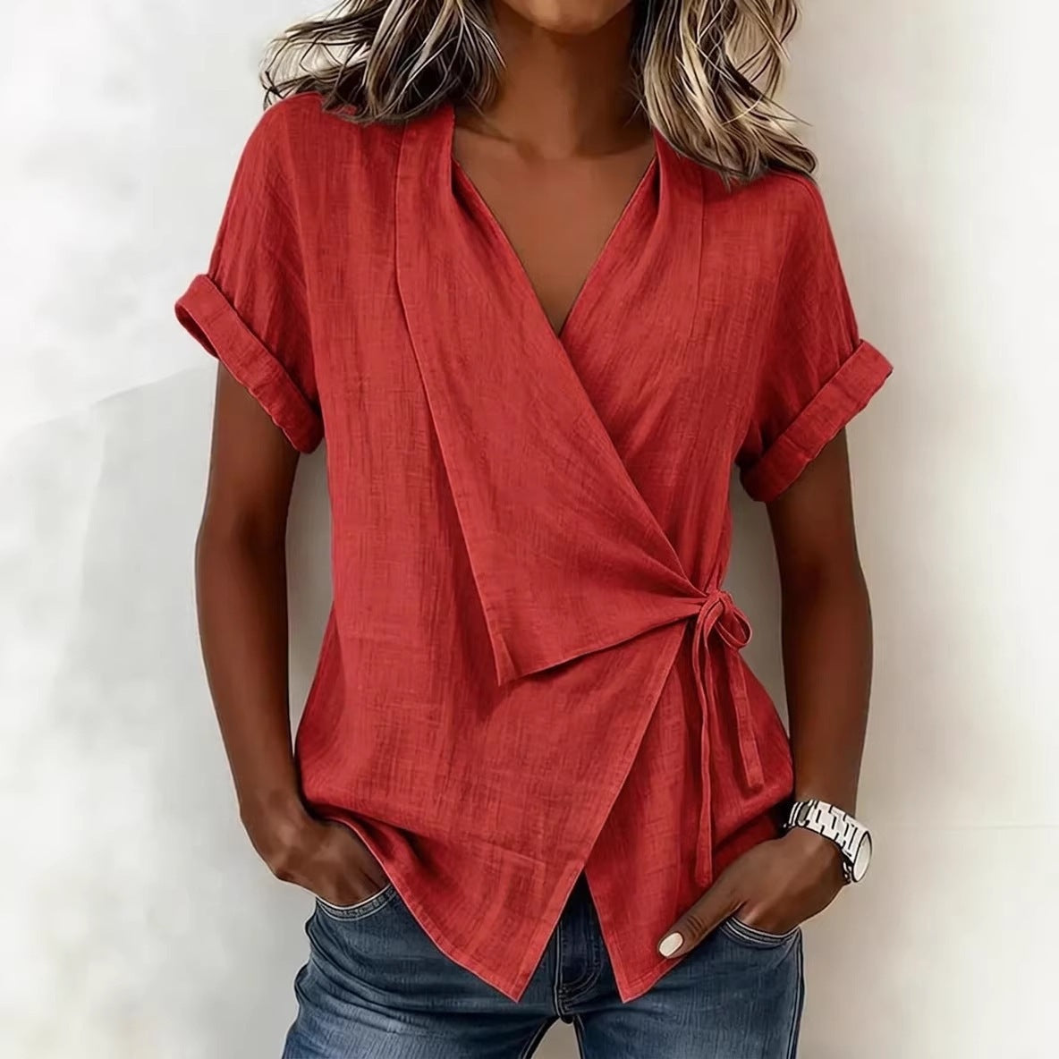 Blouse à manches courtes et col en V en lin mélangé avec ceinture à nouer à la taille