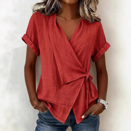 Blouse à manches courtes et col en V en lin mélangé avec ceinture à nouer à la taille