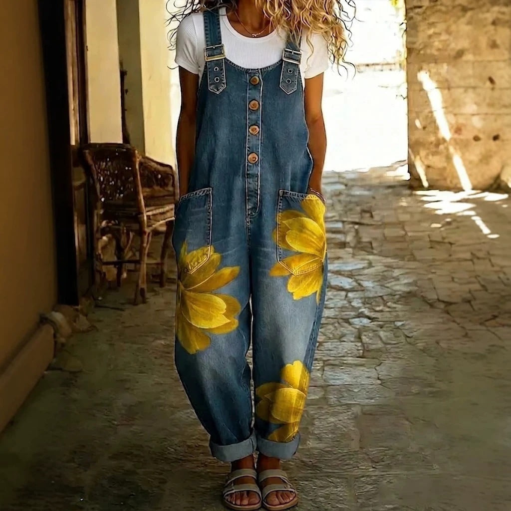 Salopette en jean sans effort à motif floral bohème pour femme