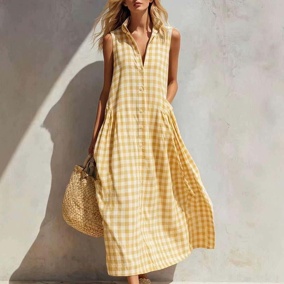 Robe longue ample sans manches à carreaux pour femme, style bohème, idéale pour les vacances d'été à la plage.