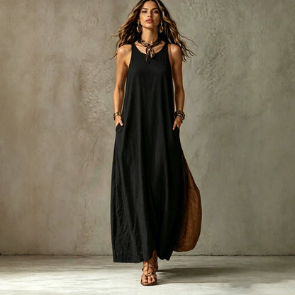 Robe longue texturée sans manches à encolure ronde et poches, coupe tente