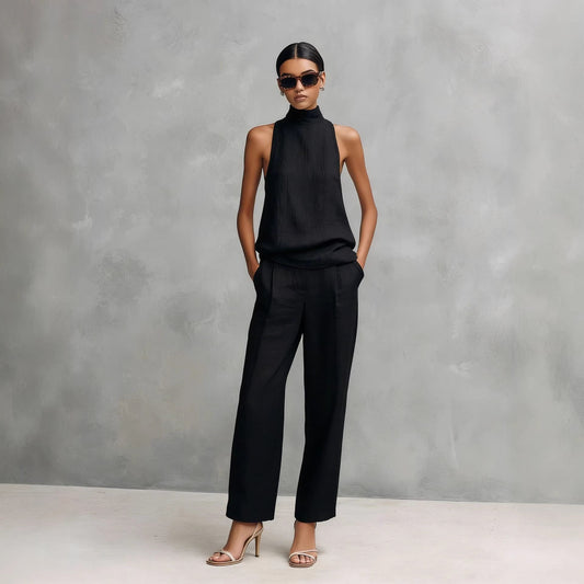 Ensemble élégant femme, haut sans manches col rond et pantalon en coton et lin