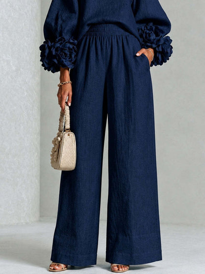 Pink Top Featuring Striking Floral Cuffs Paired With Wide-leg Pants Suit