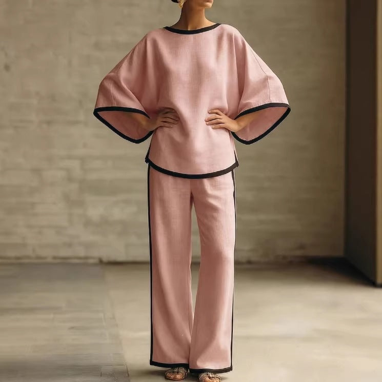 Ensemble deux pièces ample en coton et lin à col rond et manches chauve-souris élégant pour femme