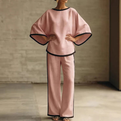Ensemble deux pièces ample en coton et lin à col rond et manches chauve-souris élégant pour femme