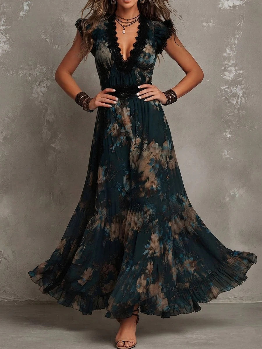 Robe longue bohème vintage à fleurs avec col en V, manches volantées en dentelle et ourlet à volants à la taille