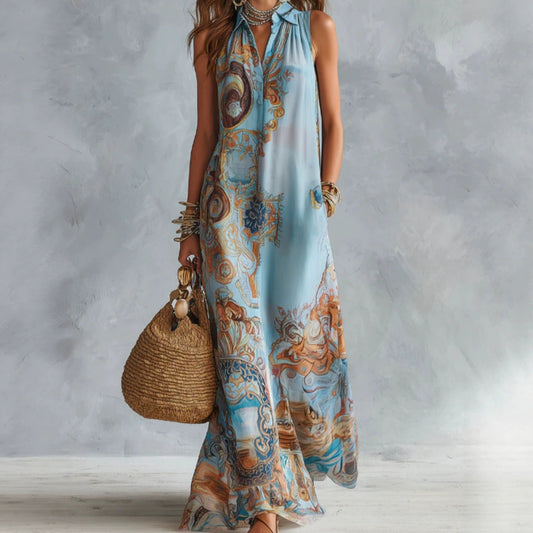 Robe chemise longue sans manches à imprimé baroque vintage