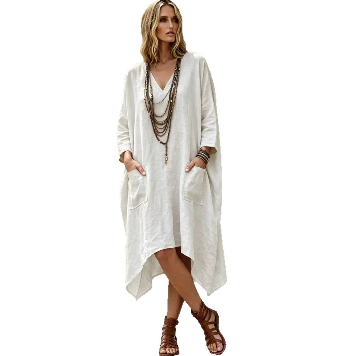 Robe midi en lin mélangé à col en V, manches 3/4, ourlet irrégulier et poches latérales