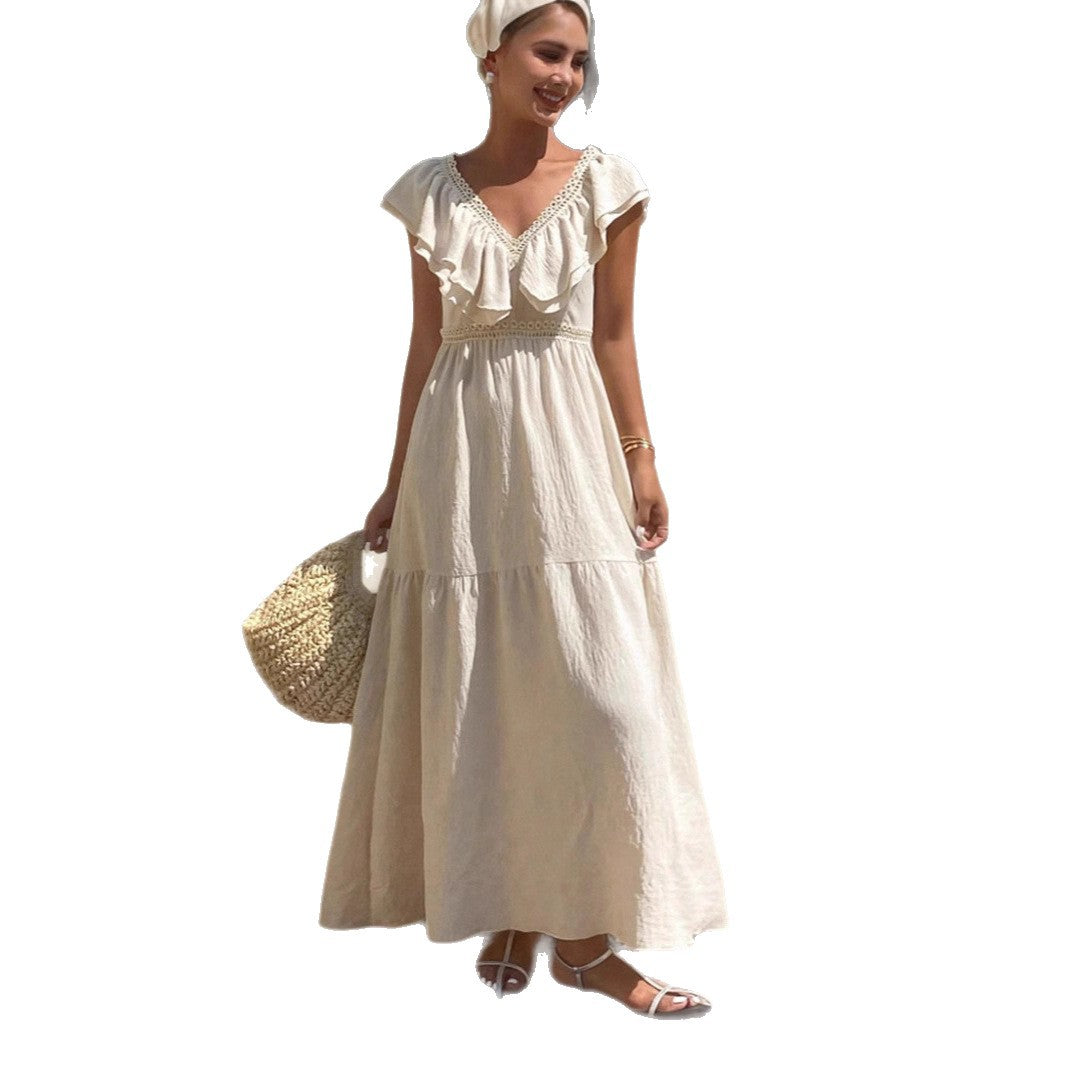 Robe longue maxi femme à col en V, manches volantées, coupe ample et étagée, idéale pour les vacances d'été.