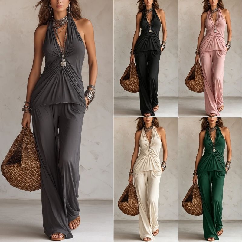 Ensemble deux pièces haut torsadé licou froncé et pantalon large