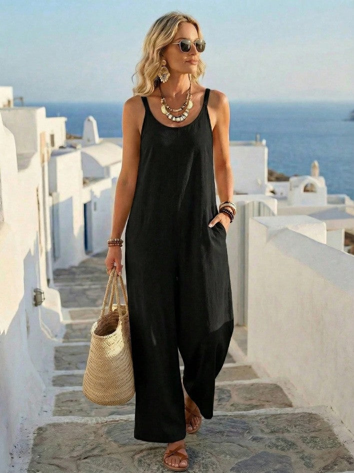 🌟 Combinaison pantalon large sans manches en mélange de lin de qualité supérieure