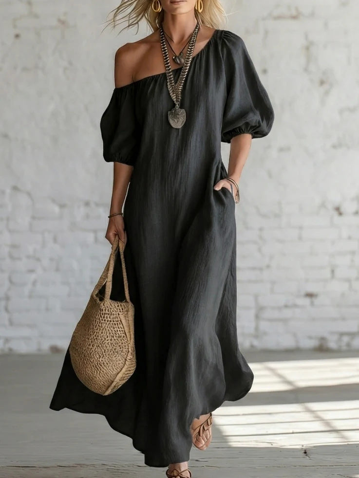 Robe longue en lin mélangé à épaules dénudées sans effort
