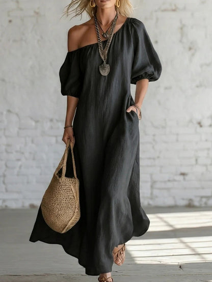 Robe longue en lin mélangé à épaules dénudées sans effort