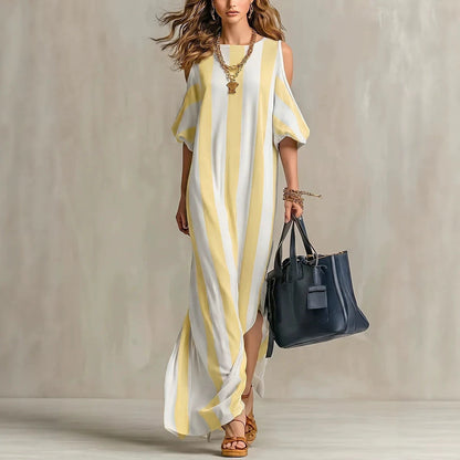 Robe longue ample fendue à rayures verticales et épaules dénudées