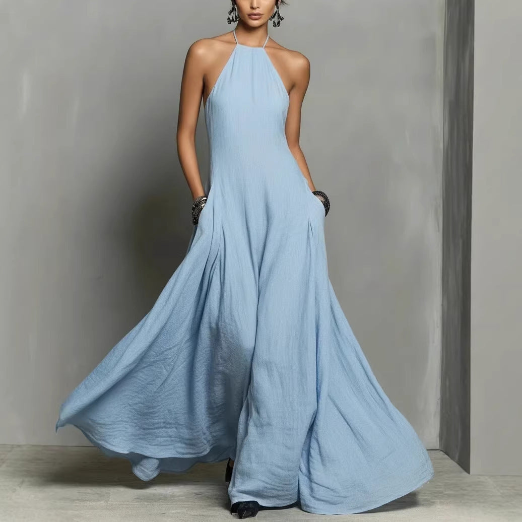 Robe longue simple sans manches à dos nu en mélange de coton et de lin