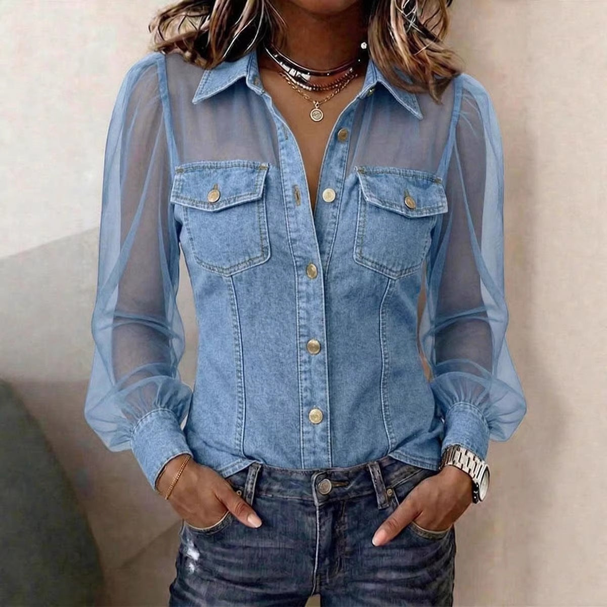 Chemisier à manches longues en jean patchwork et mousseline transparente à poche boutonnée décontracté pour femme