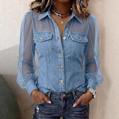 Chemisier à manches longues en jean patchwork et mousseline transparente à poche boutonnée décontracté pour femme