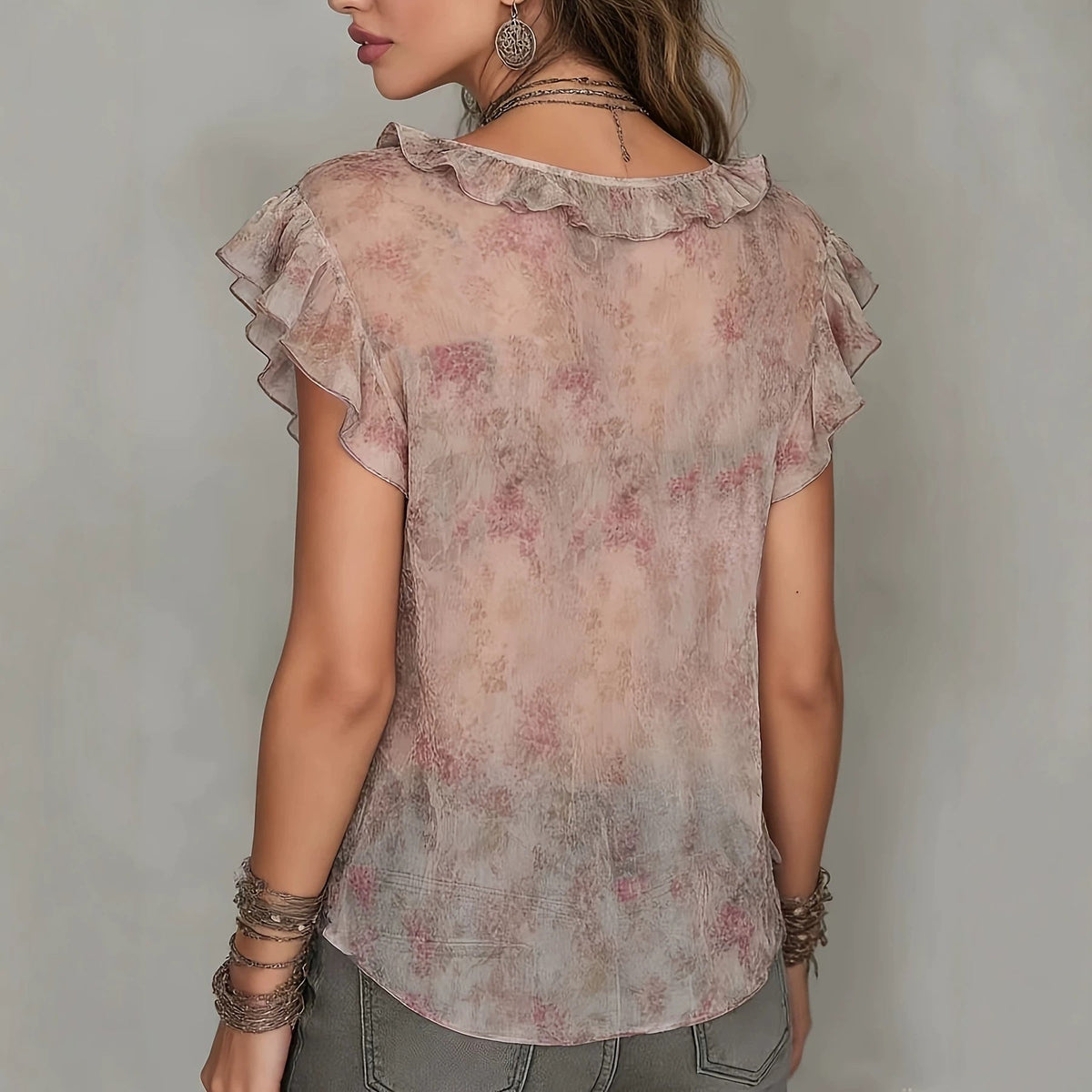 Chemisier en mousseline volanté à imprimé floral rose