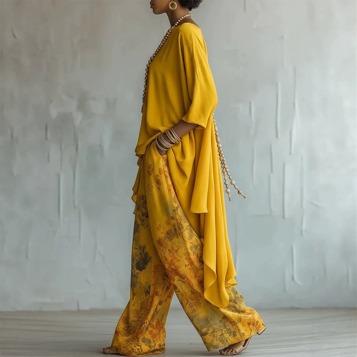 Ensemble deux pièces asymétrique en mélange de lin et pantalon large à imprimé floral pour femme