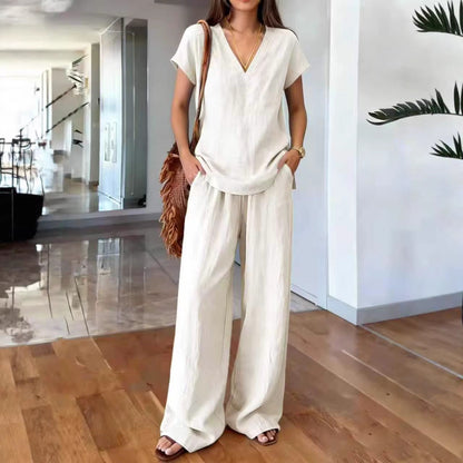Ensemble 2 pièces en lin : haut col V manches courtes et pantalon large taille élastique