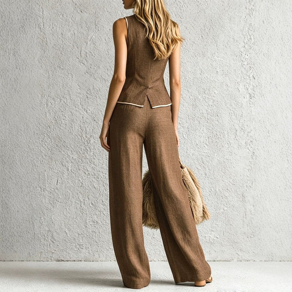 Ensemble deux pièces gilet sans manches avec passepoil blanc lin et pantalon large
