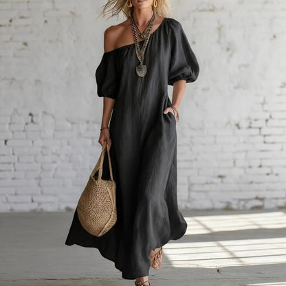 Robe longue en lin mélangé à épaules dénudées sans effort