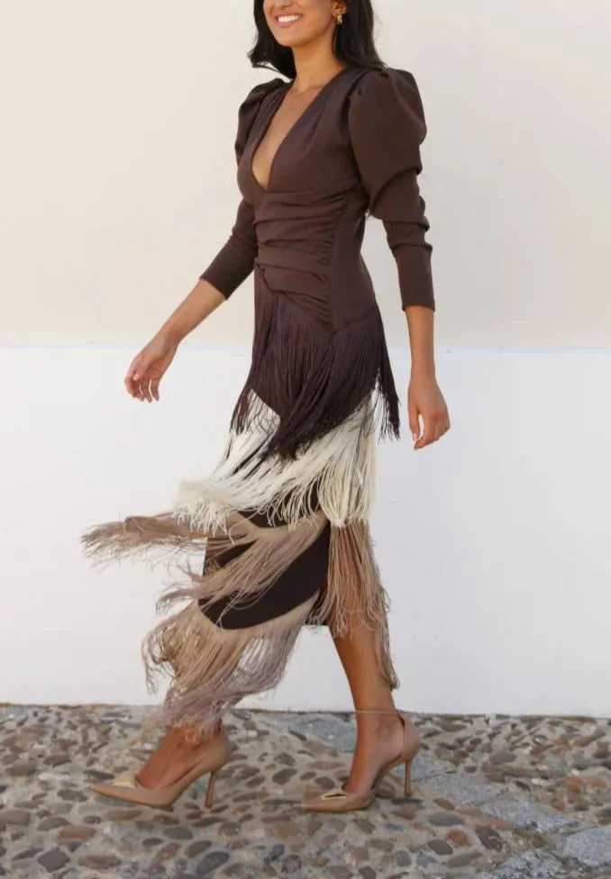 Robe mi-longue Femme à Manches Bouffantes et Franges, Col en V Profond
