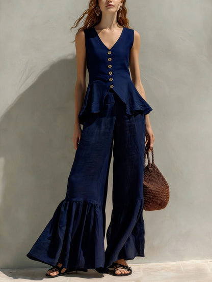 Ensemble haut péplum et pantalon large à volants en mélange de lin moutarde