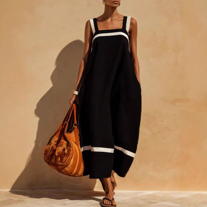 Ensemble jupe midi à col carré en lin avec rayures contrastantes blanches