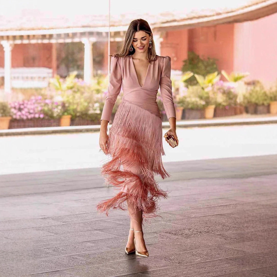 Robe mi-longue Femme à Manches Bouffantes et Franges, Col en V Profond