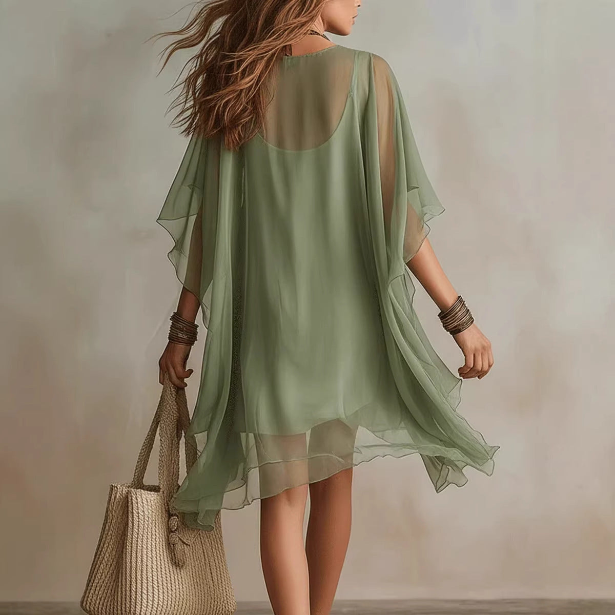 Robe 2 pièces en mousseline à col en V, style décontracté, pour les vacances à la mer, chemisier ample et jupe de plage