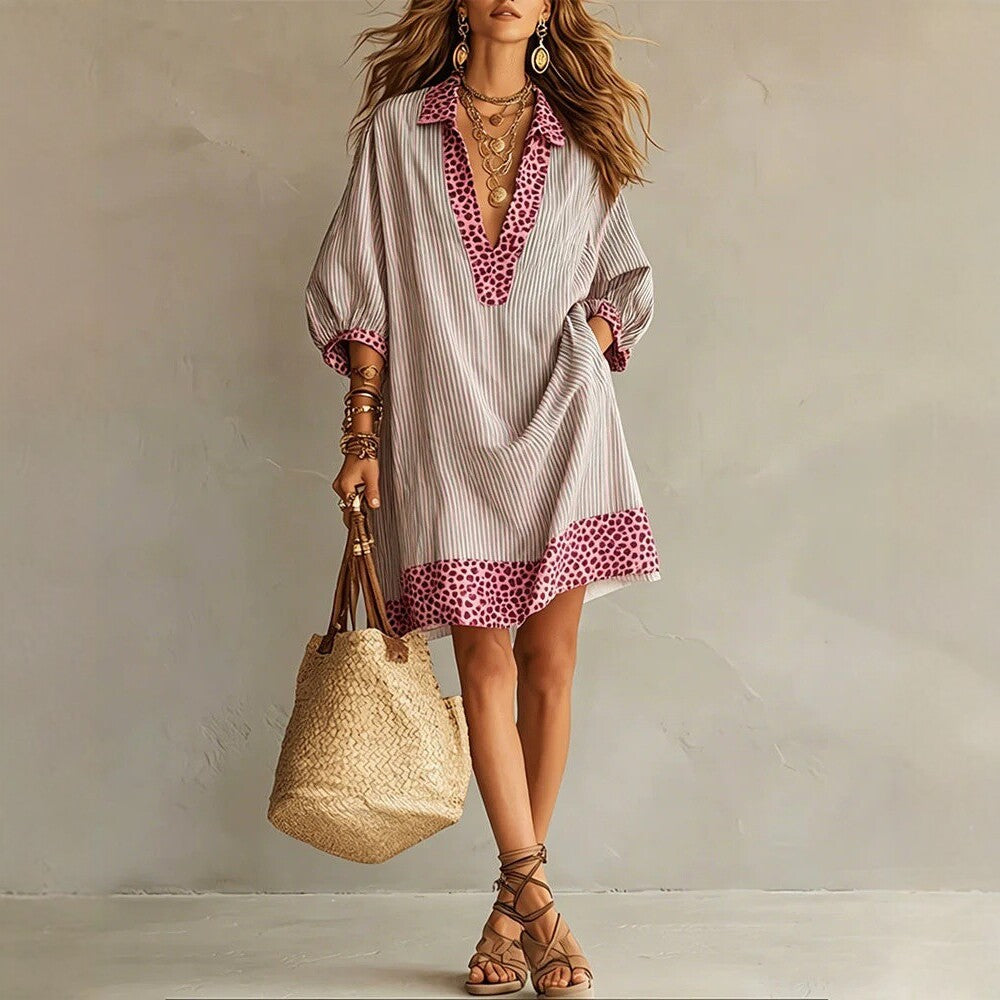 Mini-robe chemise ample à rayures léopard
