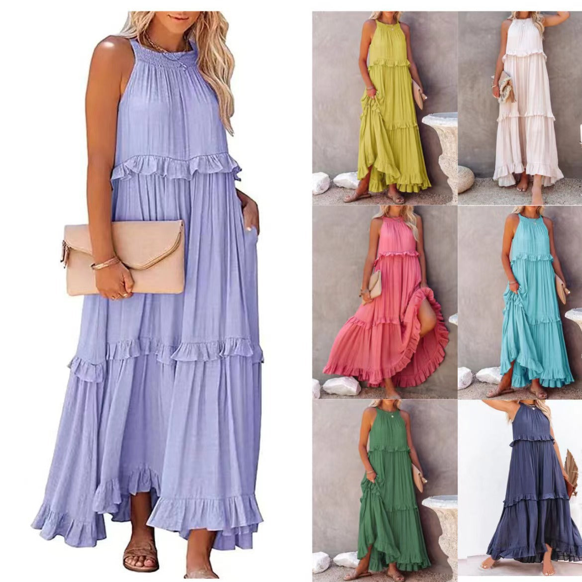 Robe longue fluide à volants et plusieurs niveaux, coupe halter