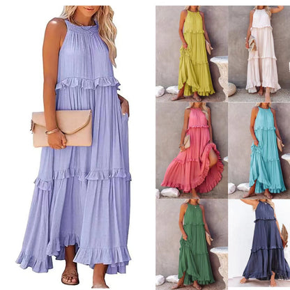 Robe longue fluide à volants et plusieurs niveaux, coupe halter