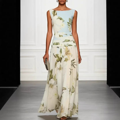 Robe longue vintage style color block à imprimé floral lys
