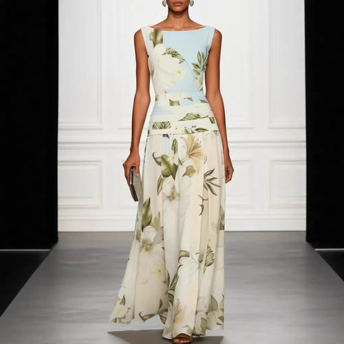 Robe longue vintage style color block à imprimé floral lys