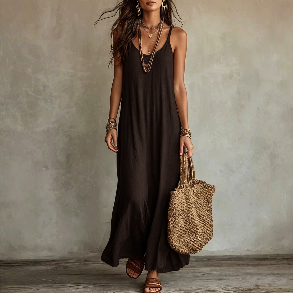 Robe longue ample à fines bretelles en lin texturé