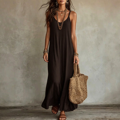 Robe longue ample à fines bretelles en lin texturé