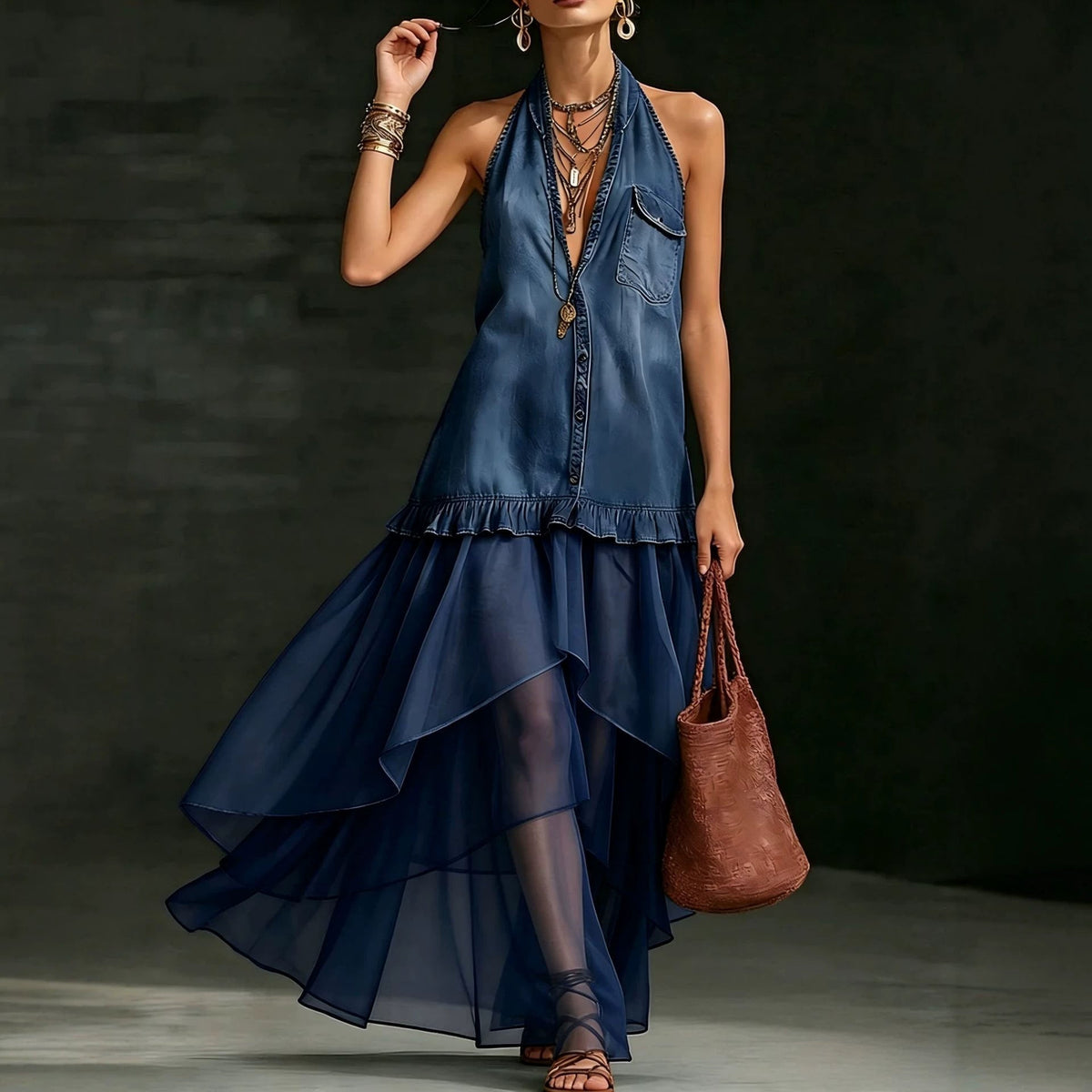 Robe longue en jean à empiècements en organza, élégante et raffinée
