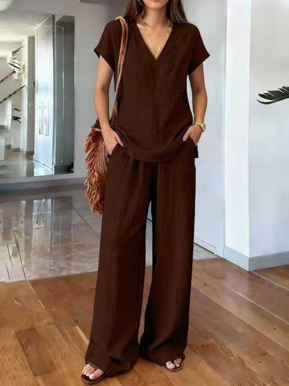 Ensemble 2 pièces en lin : haut col V manches courtes et pantalon large taille élastique