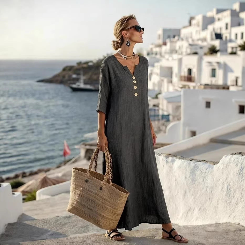 Robe longue décontractée en mélange de lin à col en V