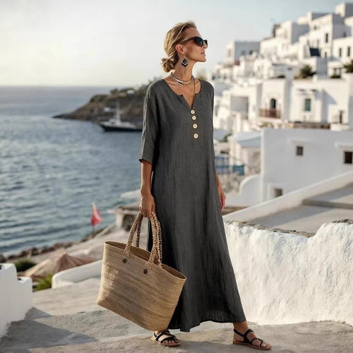 Robe longue décontractée en mélange de lin à col en V