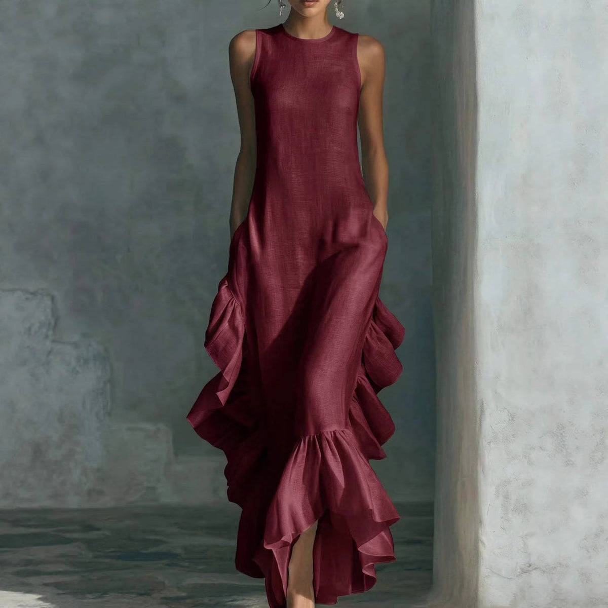 Longue robe maxi sans manches en lin à volants