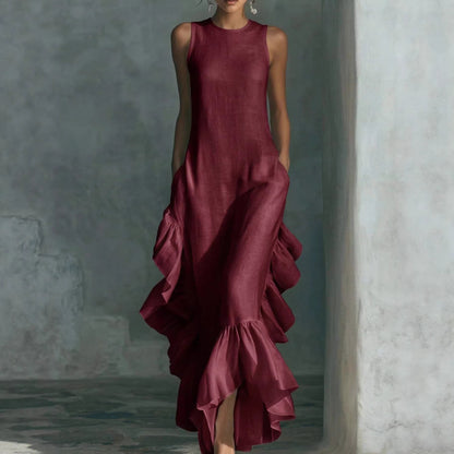 Longue robe maxi sans manches en lin à volants