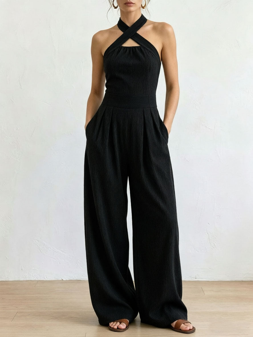 Combinaison pantalon dos nu entrecroisé à découpe et taille haute avec poches