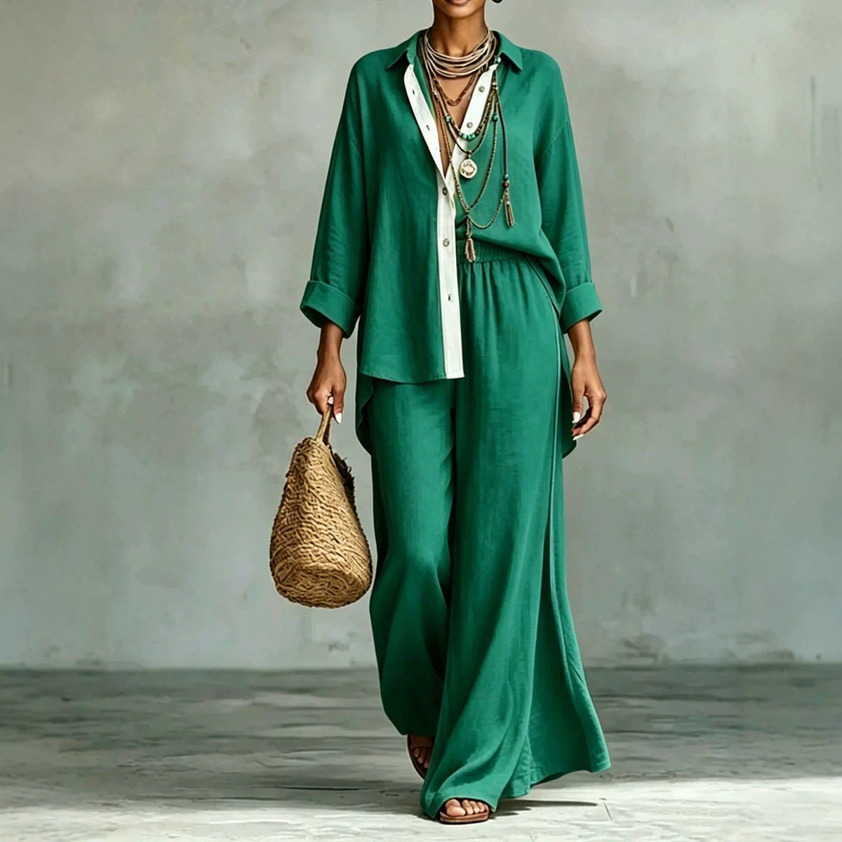 Ensemble 2 pièces chemise en lin et pantalon large à liseré contrastant
