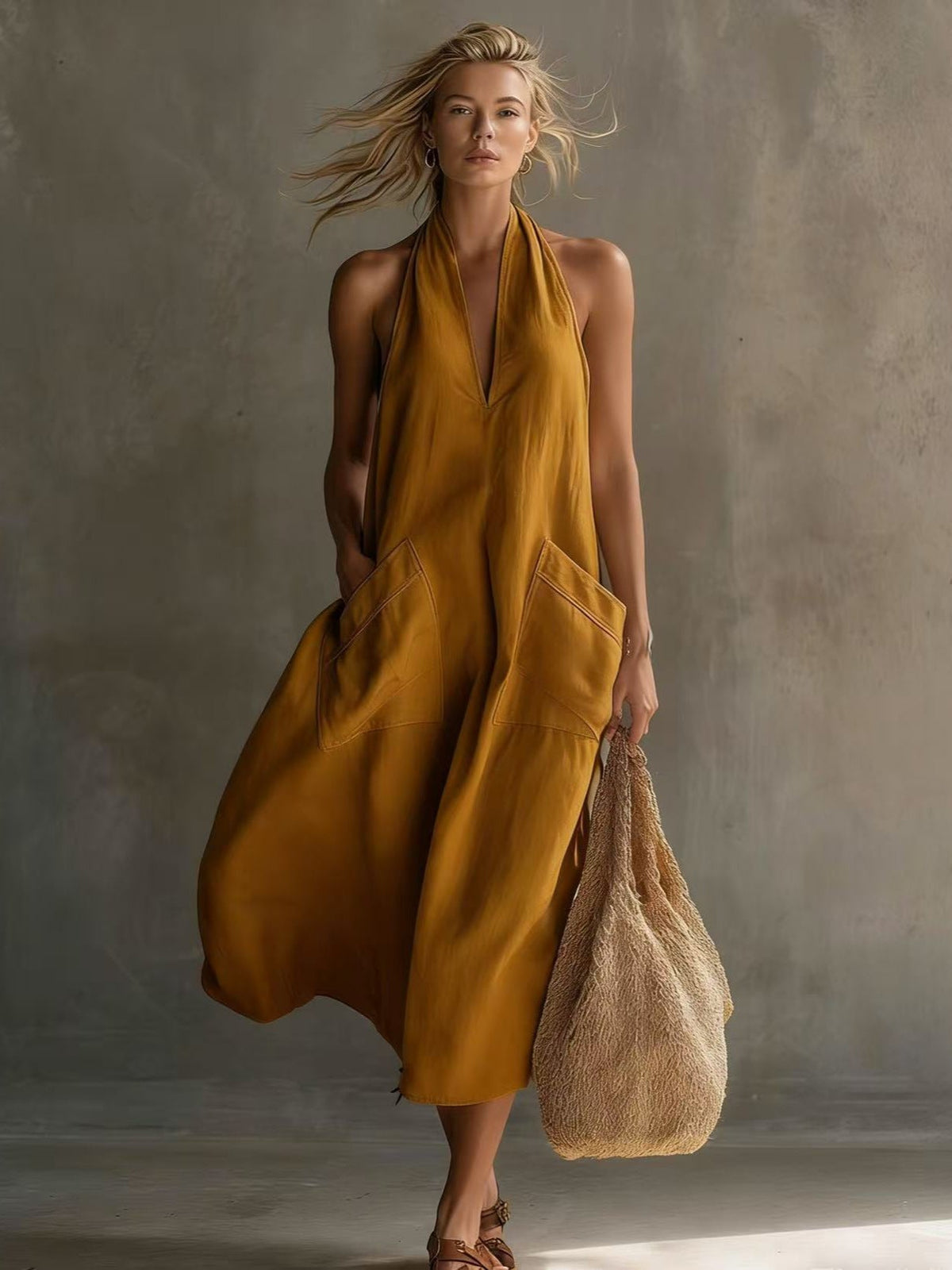 Robe midi décontractée en lin à encolure dos-nu avec poches